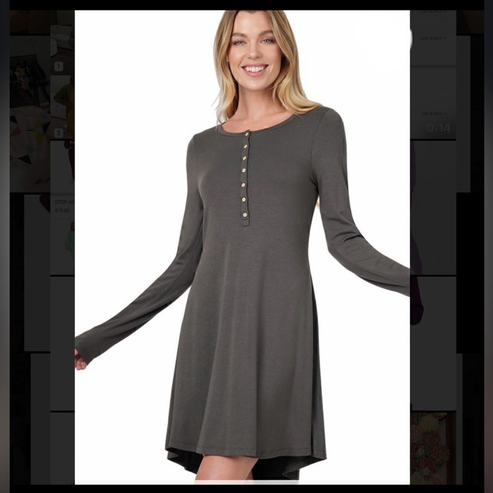 198. GREY LONG SLEEVE BUTTON DOWN DRESS - Picture 2 of 2